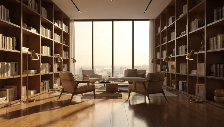 3D interior render of a reading room with oak shelves and late afternoon window light