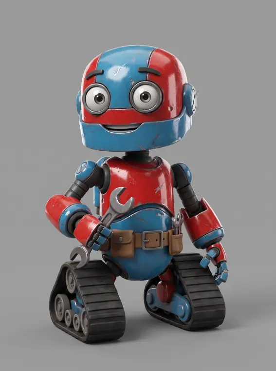 3D render of a small repair robot holding a wrench on a grey studio backdrop
