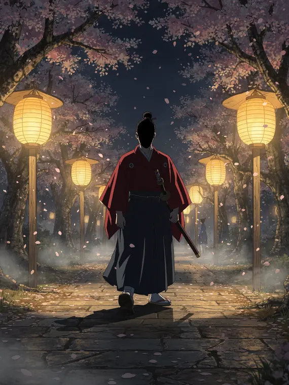 Anime frame: a samurai in a red haori under paper lanterns in falling cherry blossom
