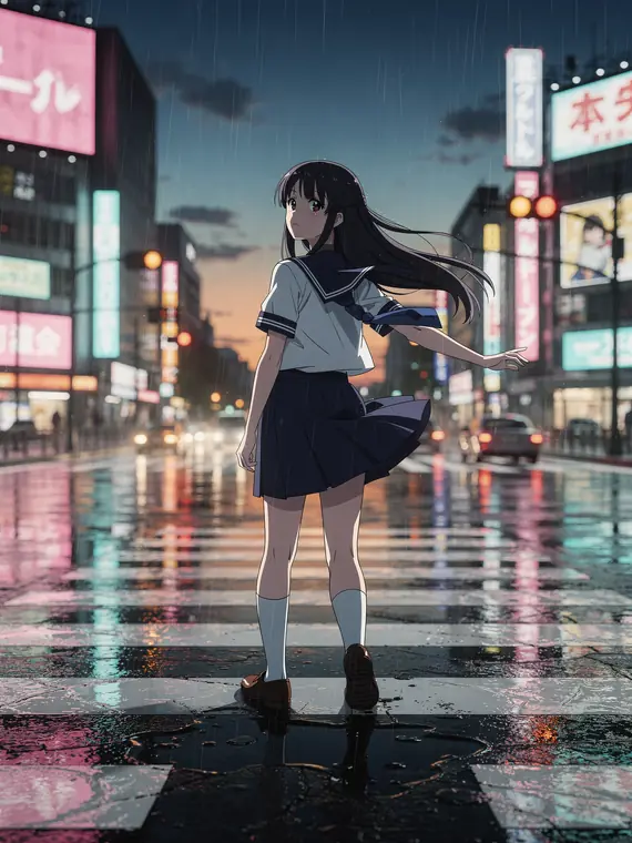 Anime frame: a schoolgirl on a Tokyo crossing at dusk, neon reflected in wet asphalt