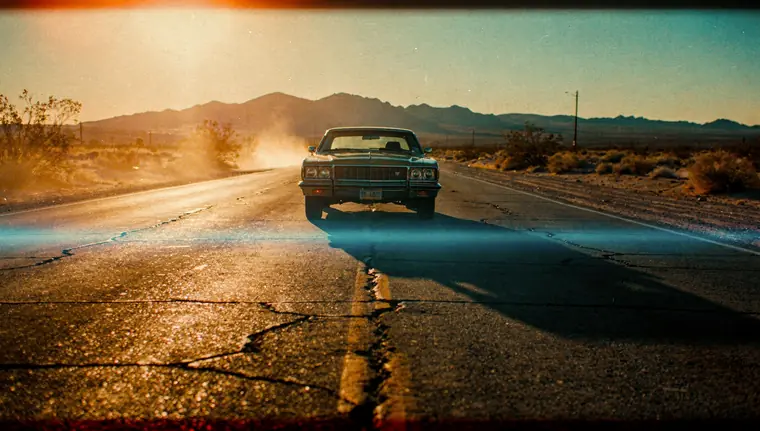 Cinematic frame: a lone car on a desert highway at golden hour, long shadow on the tarmac