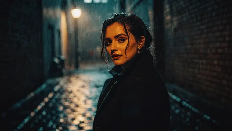 Cinematic frame: a woman in a black coat in a rain-soaked alley lit from behind by a streetlamp