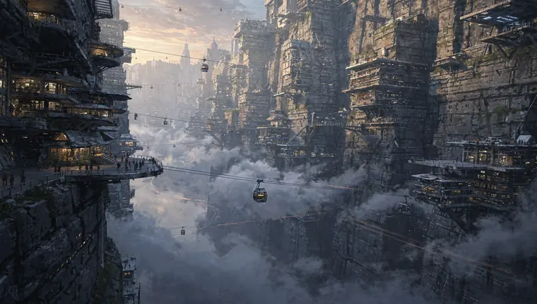 Concept art: a vertical city built into a canyon wall at dawn with cable cars between towers