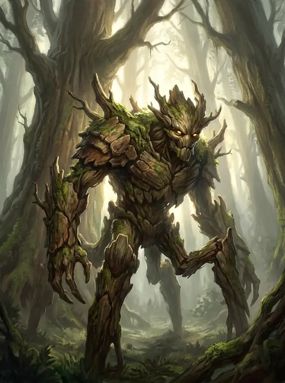 Concept art: a six-legged forest guardian covered in moss standing in fog between trees