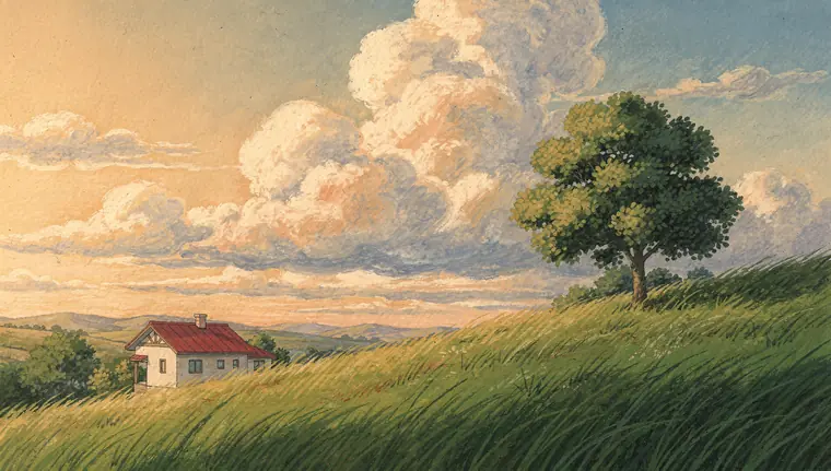 Hand-painted animation background: a grassy hillside with one tree under tall summer clouds