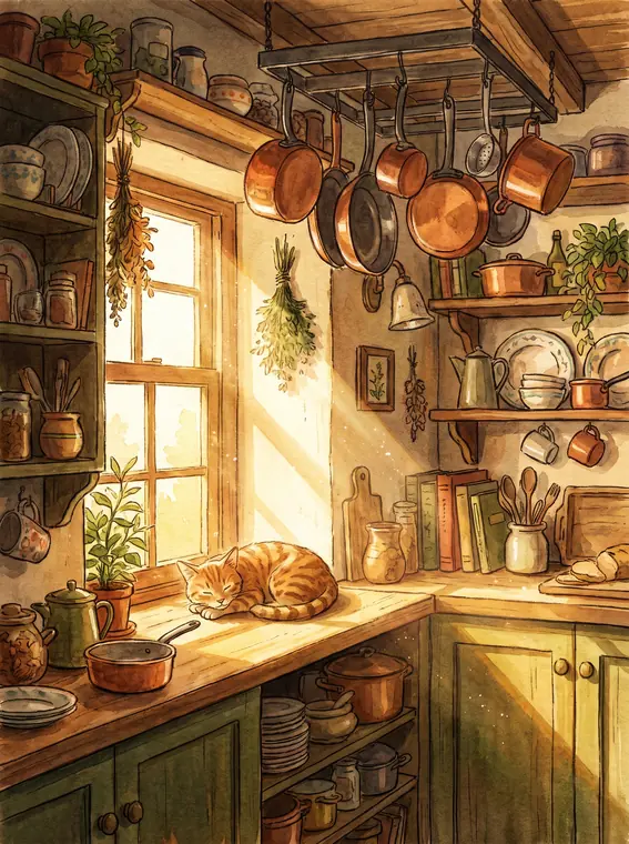 Hand-painted animation background: a countryside kitchen with a cat asleep in the sunbeam