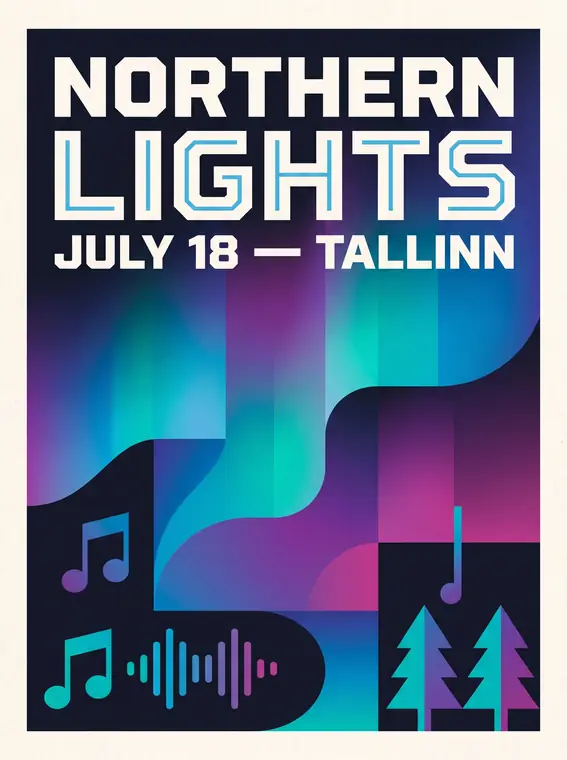 Festival poster reading Northern Lights, July 18, Tallinn over an aurora gradient
