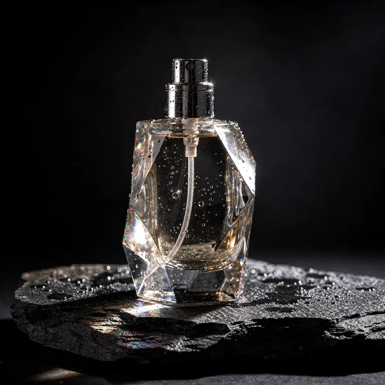 Product shot of a faceted glass perfume bottle on black stone under one hard light