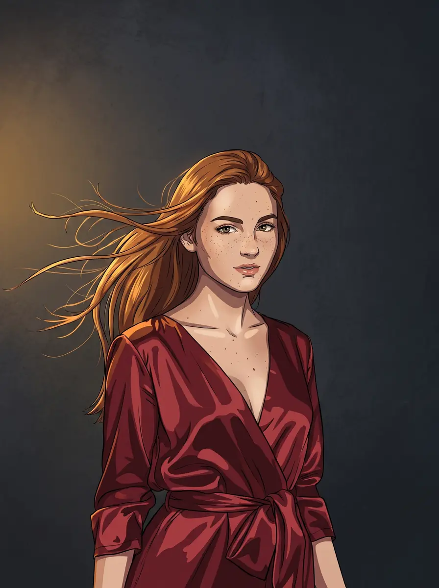 The same pose and dress redrawn as a cel-shaded anime film still
